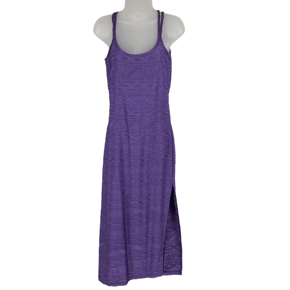 Newport News Maxi Dress Womens 8P Purple Geometric Textured Side Slit Sleeveless